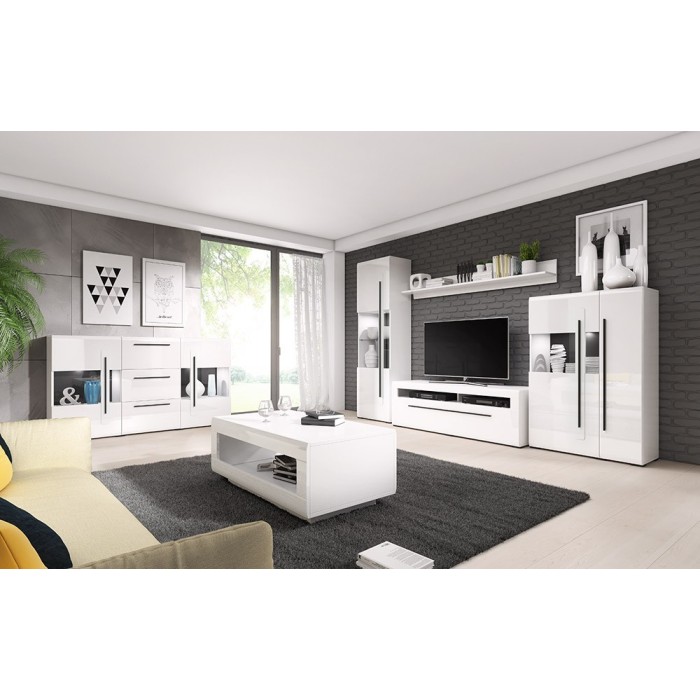 Meuble TV XL 160cm collection BREDA. Coloris blanc mat et blanc brillant. Style design.