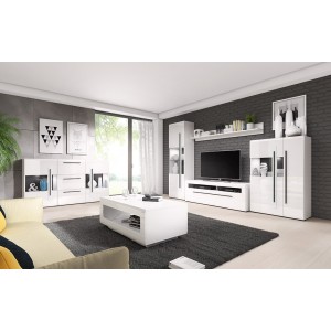 Meuble TV XL 160cm collection BREDA. Coloris blanc mat et blanc brillant. Style design.