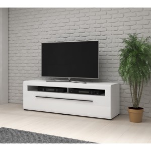 Meuble TV XL 160cm collection BREDA. Coloris blanc mat et blanc brillant. Style design.