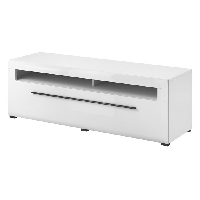Meuble TV 140cm collection BREDA. Coloris blanc mat et blanc brillant. Style design.