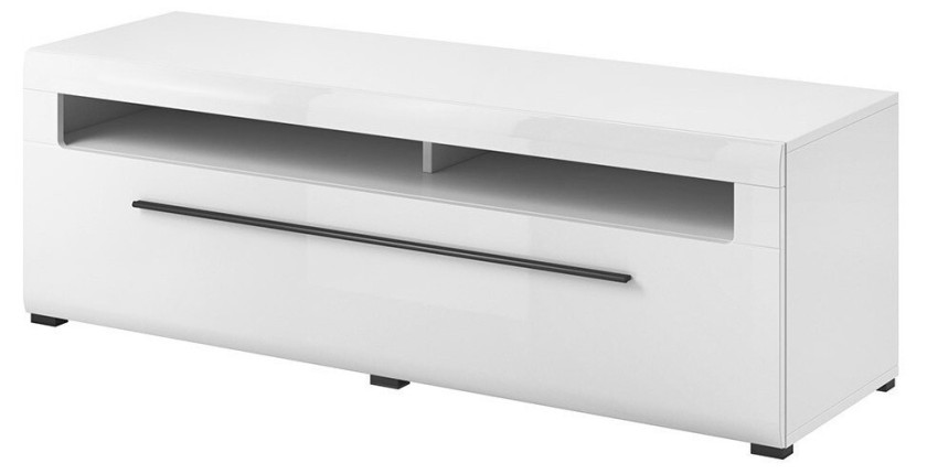 Meuble TV 140cm collection BREDA. Coloris blanc mat et blanc brillant. Style design.