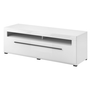 Meuble TV 140cm collection BREDA. Coloris blanc mat et blanc brillant. Style design.