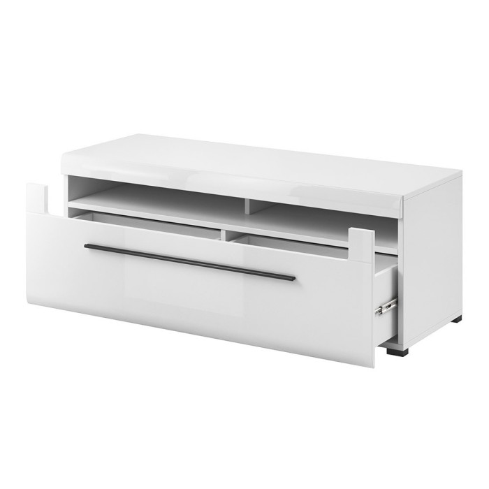 Meuble TV 140cm collection BREDA. Coloris blanc mat et blanc brillant. Style design.