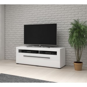 Meuble TV 140cm collection BREDA. Coloris blanc mat et blanc brillant. Style design.