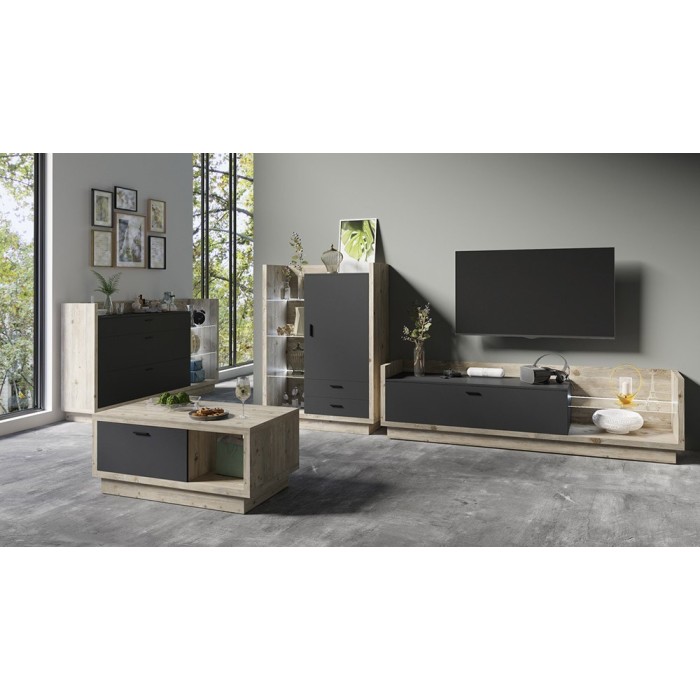 Meuble TV XL 220cm avec LED intégrée. Collection CORK. Coloris Pin et gris anthracite.