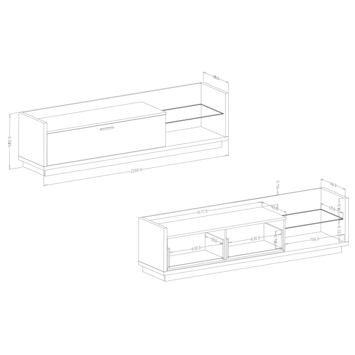 Meuble TV XL 220cm avec LED intégrée. Collection CORK. Coloris Pin et gris anthracite.
