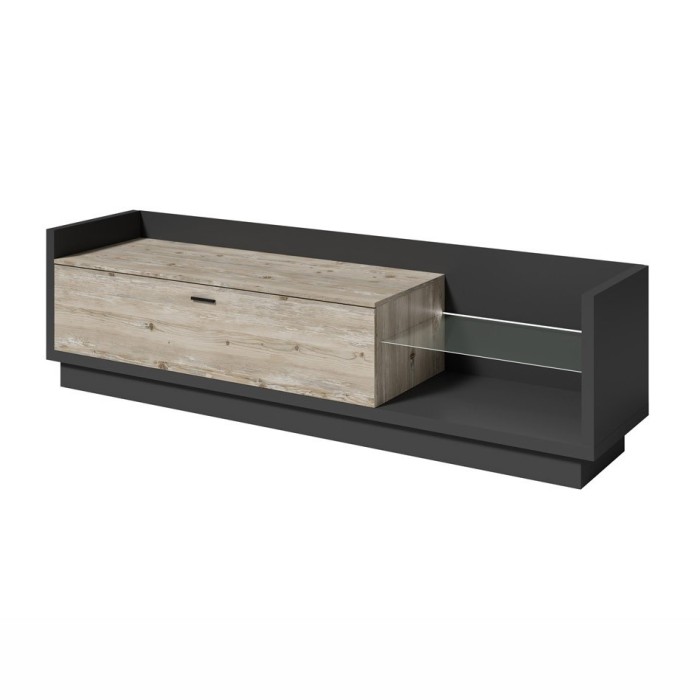 Meuble TV XL 220cm avec LED intégrée. Collection CORK. Coloris gris anthracite et pin.