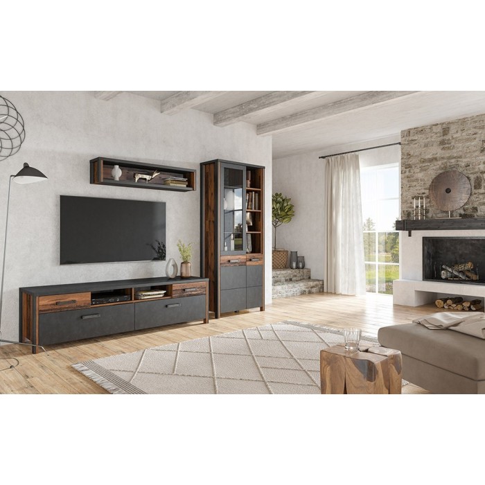 Meuble TV 190cm collection WINDSOR. Coloris gris anthracite et chêne foncé.