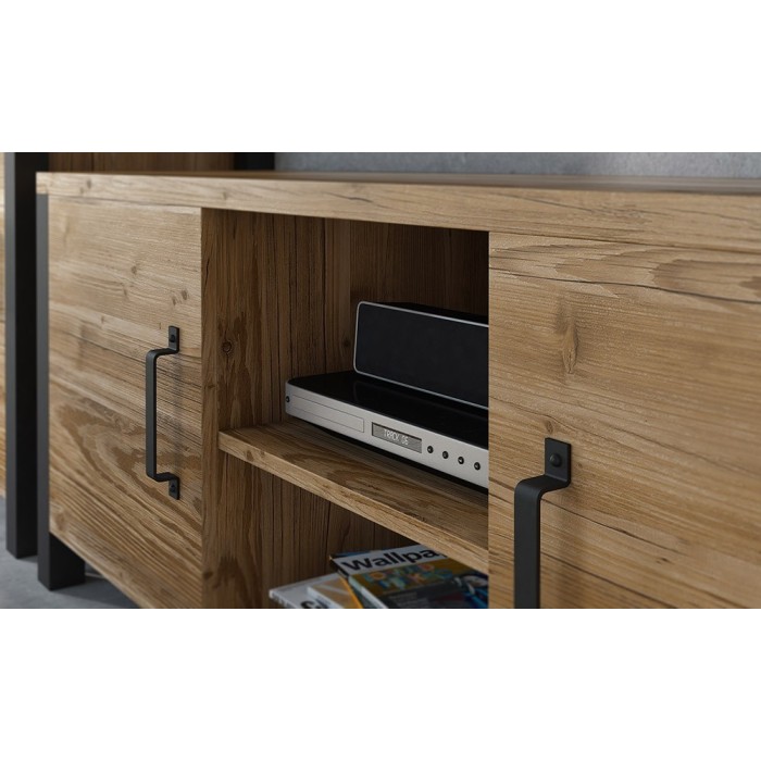 Meuble TV 150cm collection DARWIN. Couleur épicéa et noir. 2 portes et 2 niches