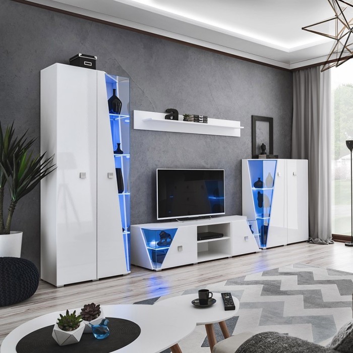Meuble TV 150cm Collection SPIKE. Couleur blanc. 2 portes et 2 niches.