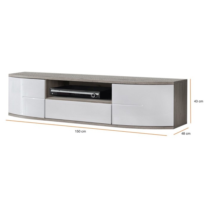 Meuble TV 150cm Collection NOUK. Couleur blanc. 2 portes, 1 tiroir et 1 niche.