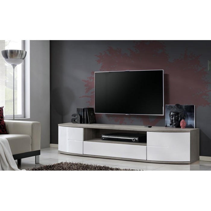 Meuble TV XL 190cm Collection NOUK. Couleur blanc. 2 portes, 1 tiroir et 1 niche.