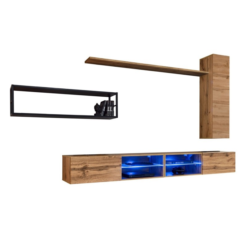 Ensemble meubles de salon style industriel SWITCH M4. Coloris chêne.