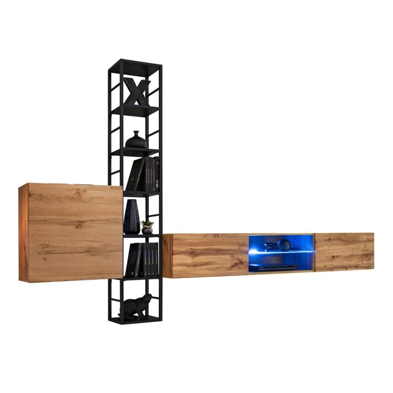 Ensemble meubles de salon style industriel SWITCH M6. Coloris chêne.