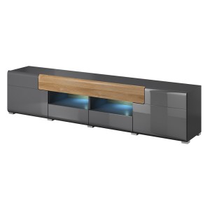 Meuble TV 210cm collection OHIO avec LED intégrée. Coloris gris anthracite et chêne.