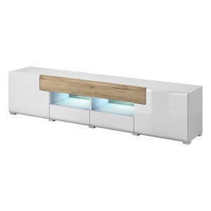 Meuble TV 210cm collection OHIO avec LED intégrée. Coloris blanc et finitions chêne.