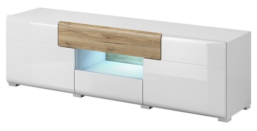 Meuble TV 160cm collection OHIO. Éclairage LED intégré. Coloris blanc et chêne