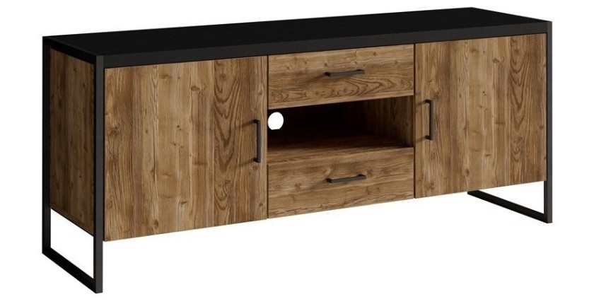 Meuble TV 150cm style industriel avec LED intégrées. Collection ANAFI. Coloris épicéa et noir