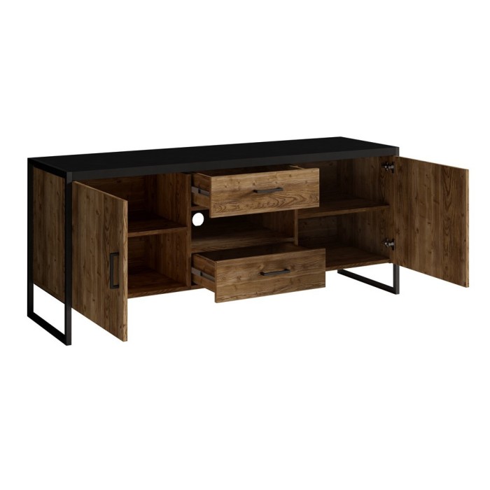 Meuble TV 150cm style industriel avec LED intégrées. Collection ANAFI. Coloris épicéa et noir