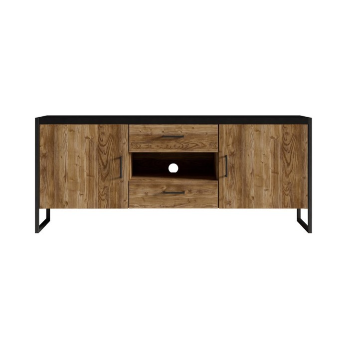 Meuble TV 150cm style industriel avec LED intégrées. Collection ANAFI. Coloris épicéa et noir