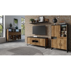Meuble TV 150cm style industriel avec LED intégrées. Collection ANAFI. Coloris épicéa et noir