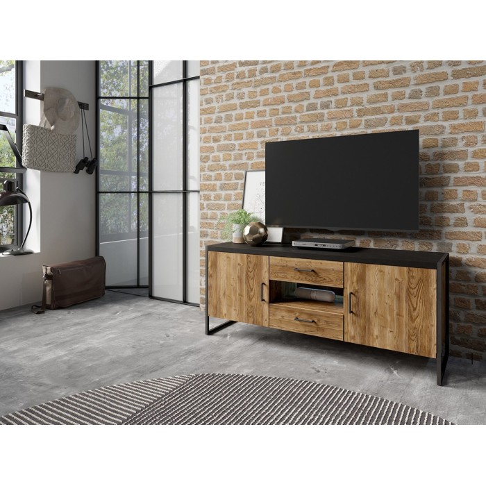Meuble TV 150cm style industriel avec LED intégrées. Collection ANAFI. Coloris épicéa et noir
