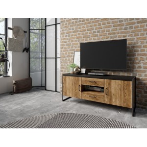 Meuble TV 150cm style industriel avec LED intégrées. Collection ANAFI. Coloris épicéa et noir