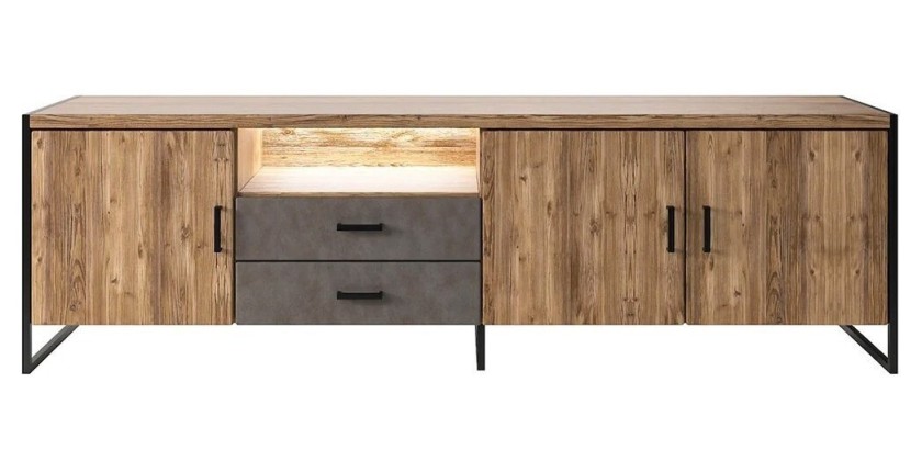 Meuble TV XL 200cm style industriel avec LED intégrées. Collection ZOLA. Coloris épicéa et gris