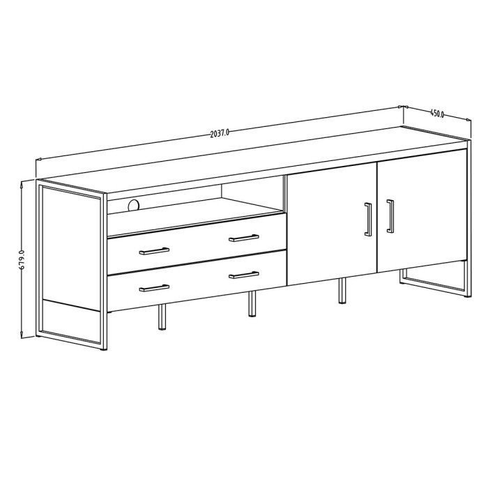 Meuble TV 200cm style industriel avec LED intégrées. Collection ZOLA. Coloris épicéa et gris