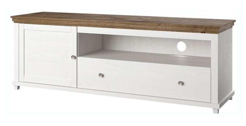 Meuble TV 180cm avec LED intégrées. Collection ASSIA. Coloris frêne blanc et chêne. 1 Porte et 1 tiroir.