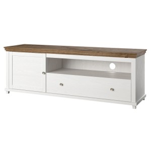 Meuble TV 180cm avec LED intégrées. Collection ASSIA. Coloris frêne blanc et chêne. 1 Porte et 1 tiroir.