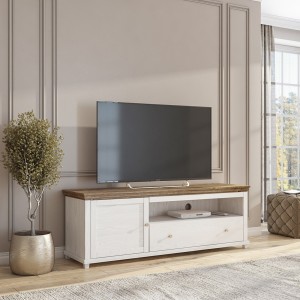 Meuble TV 180cm avec LED intégrées. Collection ASSIA. Coloris frêne blanc et chêne. 1 Porte et 1 tiroir.