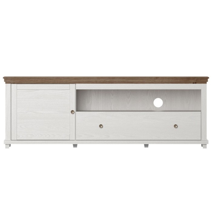 Meuble TV 180cm avec LED intégrées. Collection ASSIA. Coloris frêne blanc et chêne. 1 Porte et 1 tiroir.