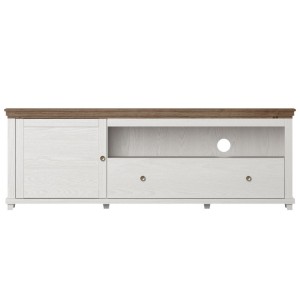 Meuble TV 180cm avec LED intégrées. Collection ASSIA. Coloris frêne blanc et chêne. 1 Porte et 1 tiroir.