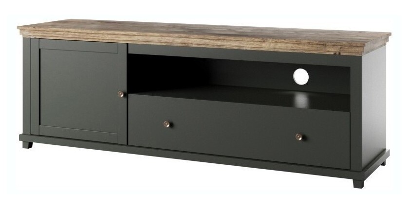 Meuble TV 180cm avec LED intégrées. Collection ASSIA. Coloris vert et chêne. 1 Porte et 1 tiroir.