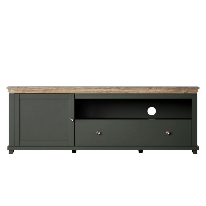 Meuble TV 180cm avec LED intégrées. Collection ASSIA. Coloris vert et chêne. 1 Porte et 1 tiroir.