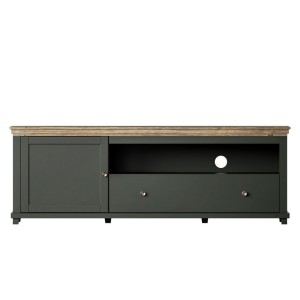 Meuble TV 180cm avec LED intégrées. Collection ASSIA. Coloris vert et chêne. 1 Porte et 1 tiroir.