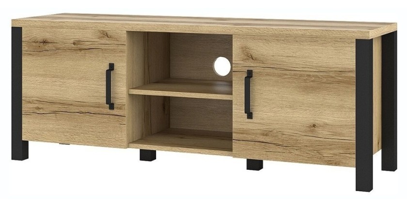 Meuble TV 150cm collection DARWIN. Couleur chêne clair et noir. 2 portes et 2 niches