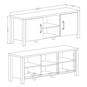 Meuble TV 150cm collection DARWIN. Couleur chêne clair et noir. 2 portes et 2 niches