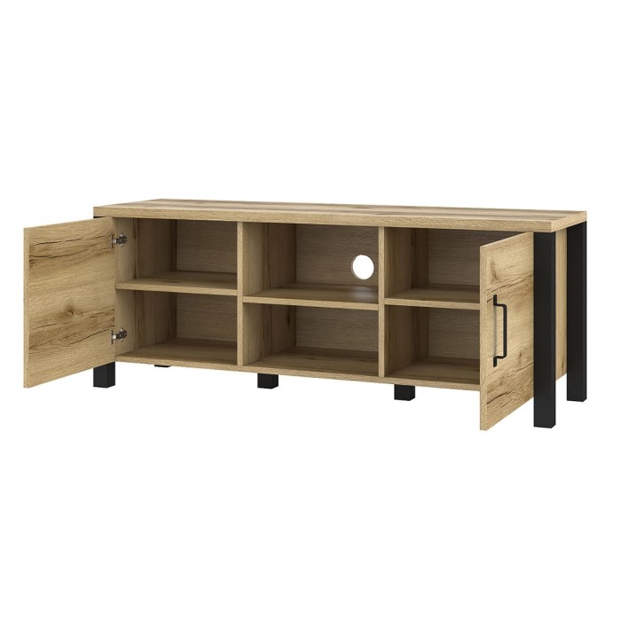 Meuble TV 150cm collection DARWIN. Couleur chêne clair et noir. 2 portes et 2 niches