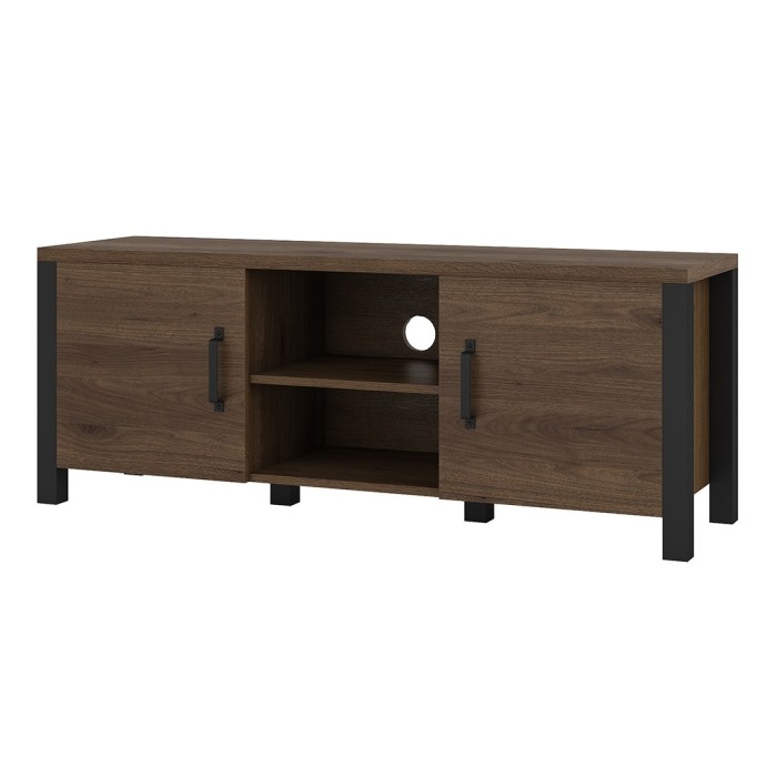 Meuble TV 150cm collection DARWIN. Couleur chêne foncé et noir. 2 portes et 2 niches
