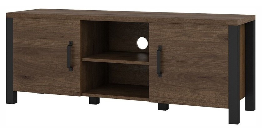 Meuble TV 150cm collection DARWIN. Couleur chêne foncé et noir. 2 portes et 2 niches