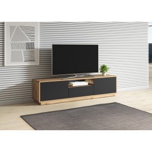 Meuble TV 180cm collection VILLA. Couleur chêne et noir mat. LED intégrée