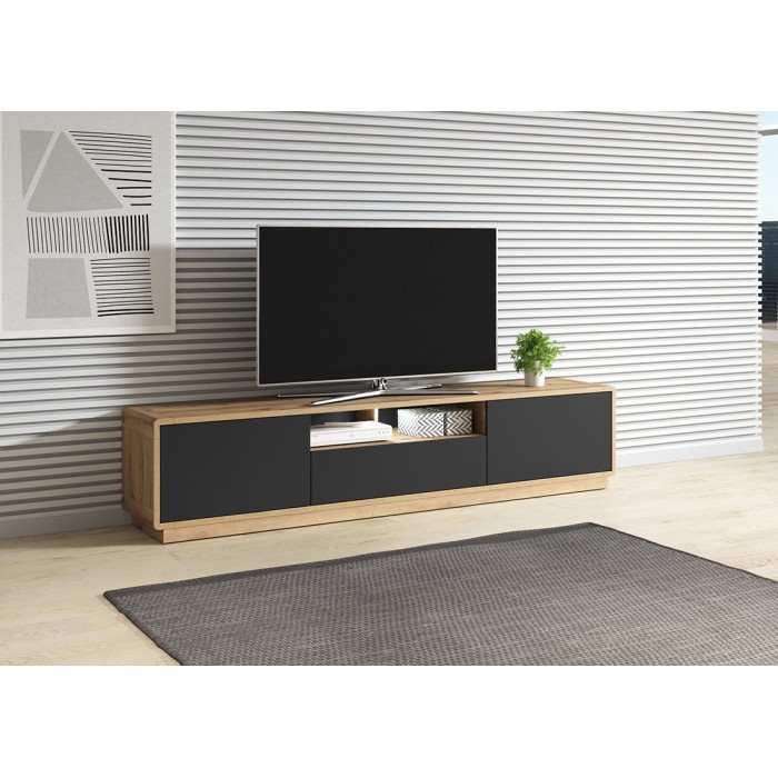 Meuble TV 200cm collection VILLA. Couleur chêne et noir mat. LED intégrée