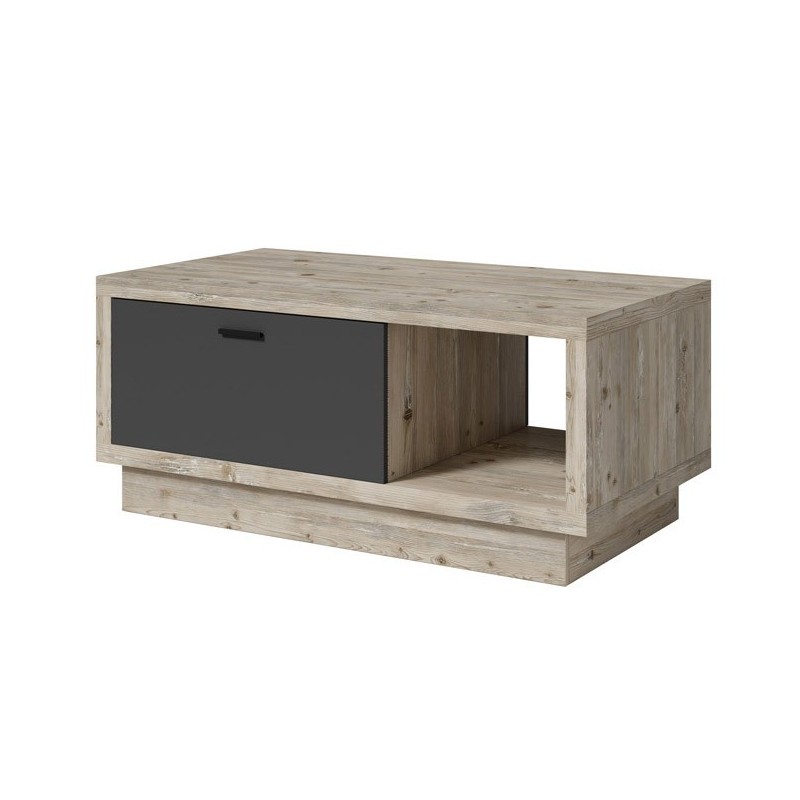 Table basse design collection CORK avec tiroir et niche. Aspect bois et gris.