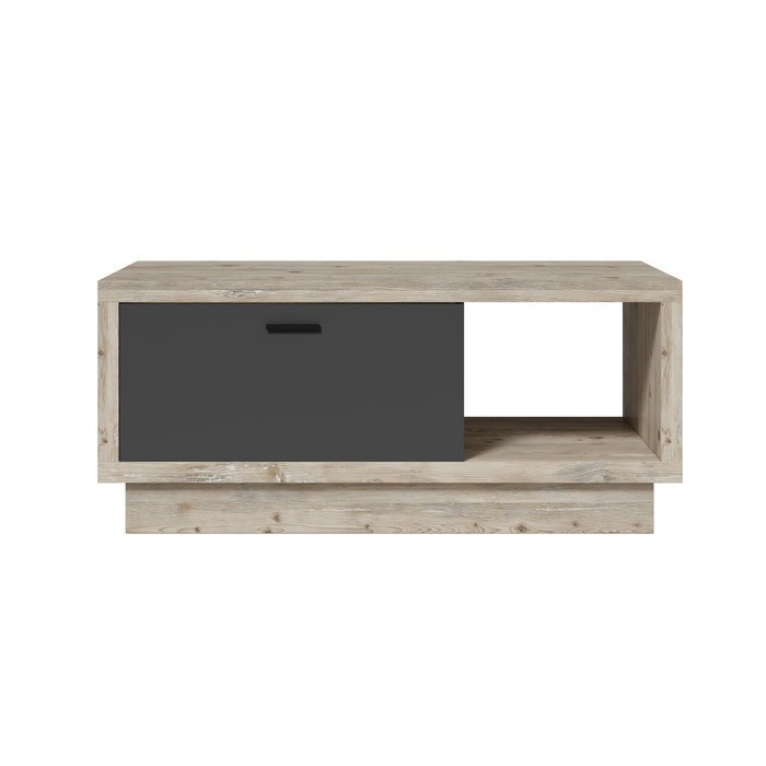 Table basse design collection CORK avec tiroir et niche. Aspect bois et gris.