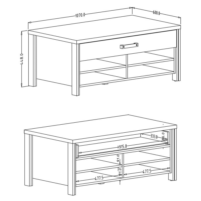 Table basse design collection WINDSOR avec tiroir et niches. Coloris gris anthracite et chêne foncé.