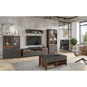 Table basse design collection WINDSOR avec tiroir et niches. Coloris gris anthracite et chêne foncé.