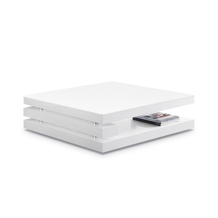 Table basse carrée design avec niche de rangement collection AKIO. Couleur blanc brillant.