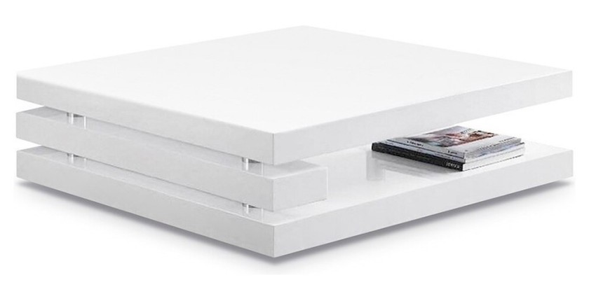 Table basse carrée design avec niche de rangement collection AKIO. Couleur blanc brillant.